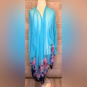 One of a Kind Vintage Sheer Blue Floral Kimono Duster Beaded Boho Large